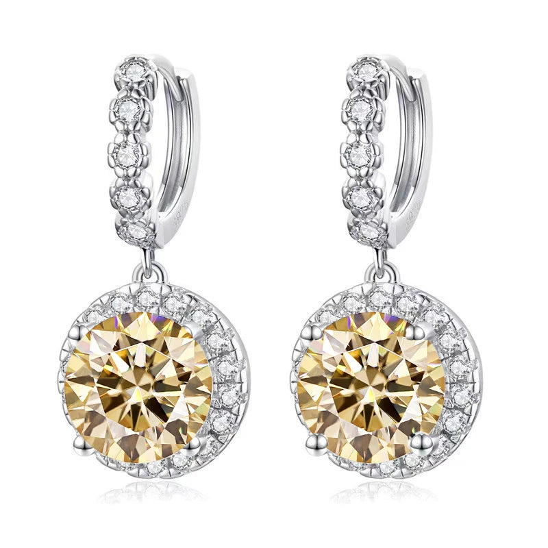 Colored Round Halo Moissanite Hoop Drop Earrings — Golden yellow