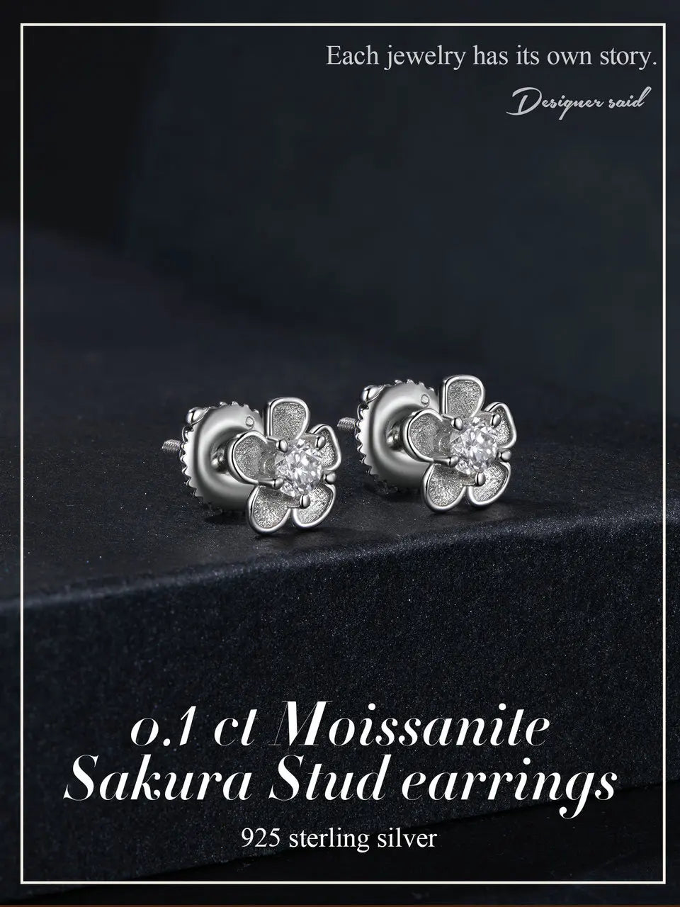 Sakura Blossom Moissanite Screw-Back Stud Earrings — Blossom studs on dark surface