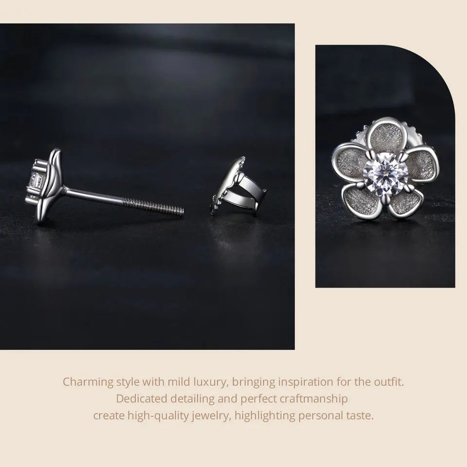Sakura Blossom Moissanite Screw-Back Stud Earrings — Threaded post and screw back