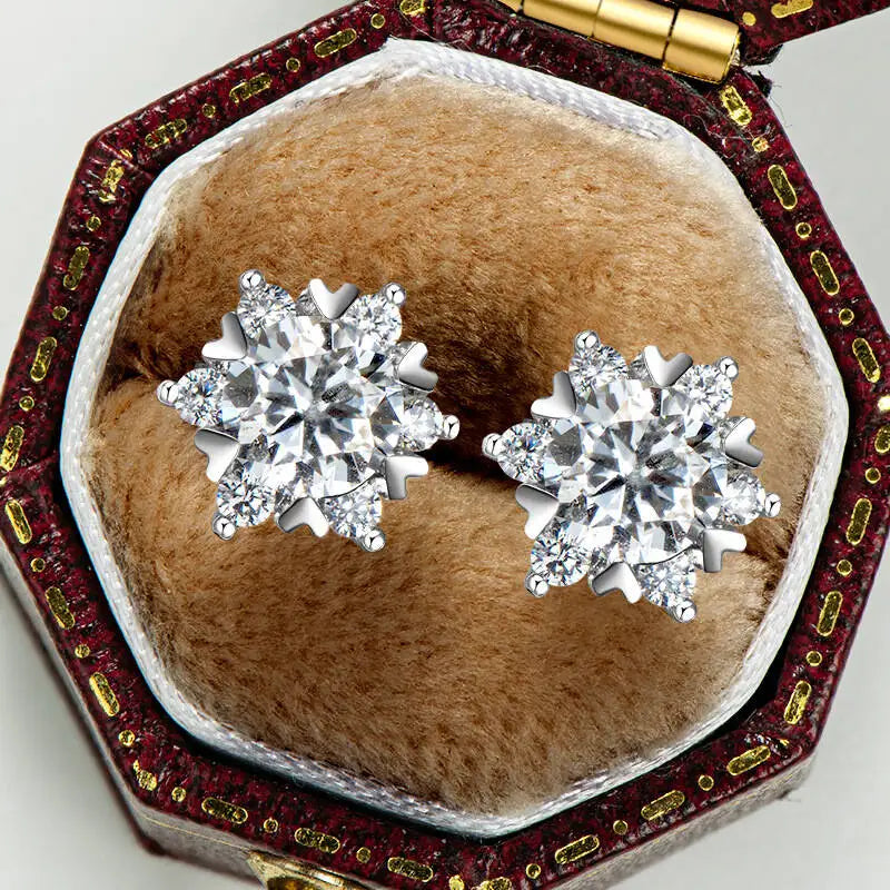 Snowflake Halo Moissanite Stud Earrings in Sterling Silver — Fronts in box