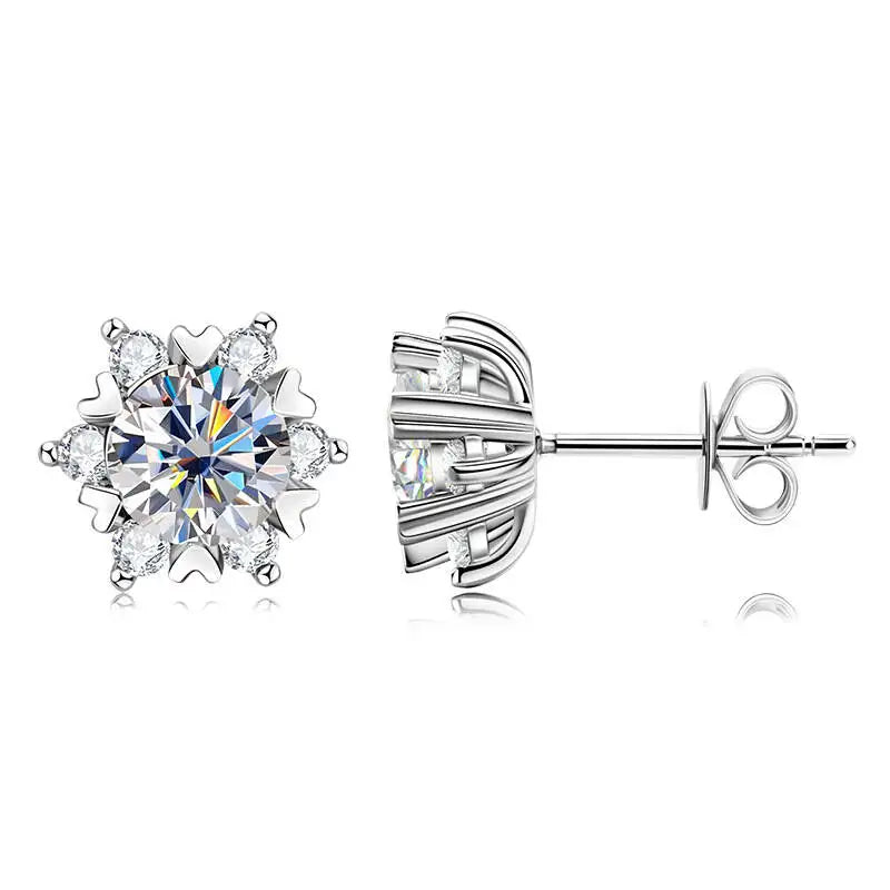 Snowflake Halo Moissanite Stud Earrings in Sterling Silver — Front and side