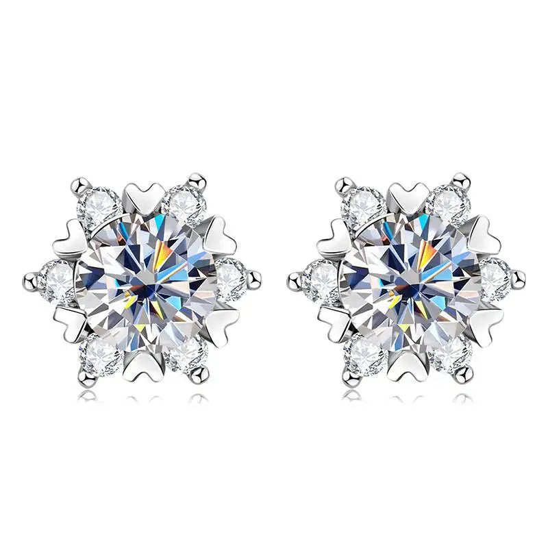 Snowflake Halo Moissanite Stud Earrings in Sterling Silver — Front pair