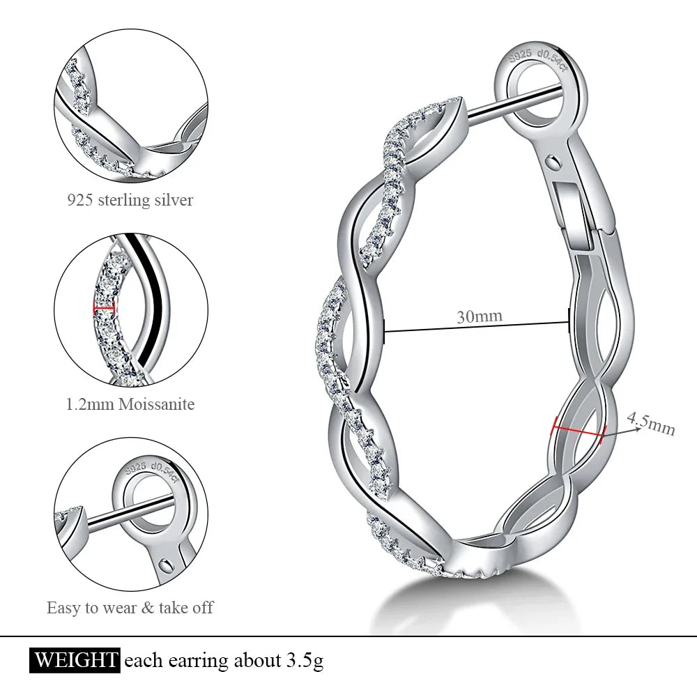Twisted Infinity Moissanite Hoop Earrings in Sterling Silver — 30mm hoop dimension diagram and clasp detail
