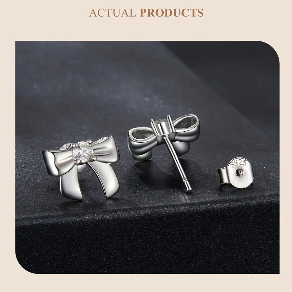 Moissanite Bow Stud Earrings & Ear Cuffs in Sterling Silver — Bow stud reverse