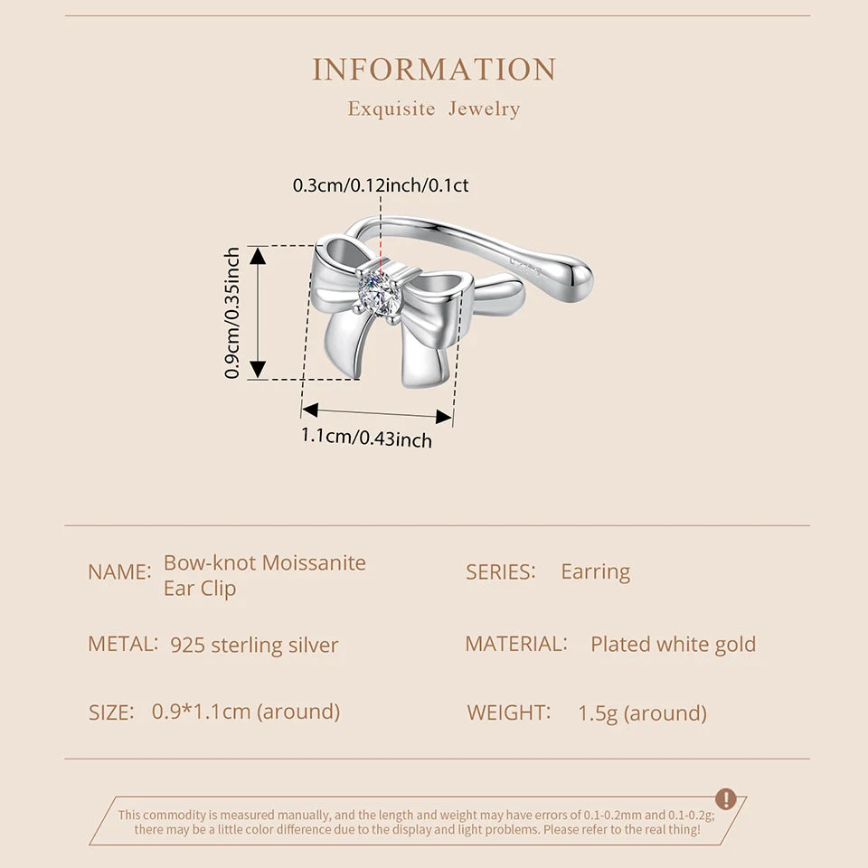 Moissanite Bow Stud Earrings & Ear Cuffs in Sterling Silver — Bow cuff dimensions