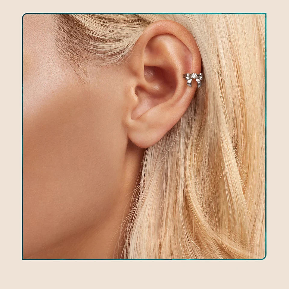 Moissanite Bow Stud Earrings & Ear Cuffs in Sterling Silver — Cuff shown on upper ear