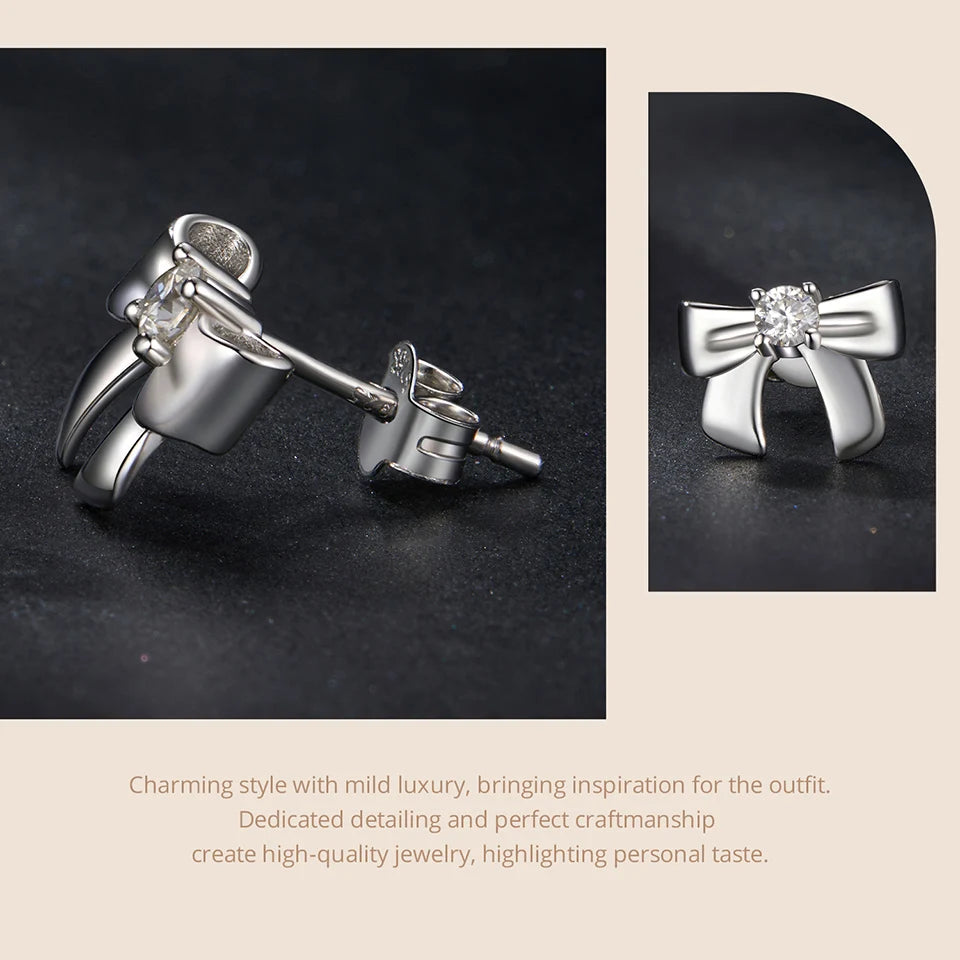 Moissanite Bow Stud Earrings & Ear Cuffs in Sterling Silver — Post and back detail