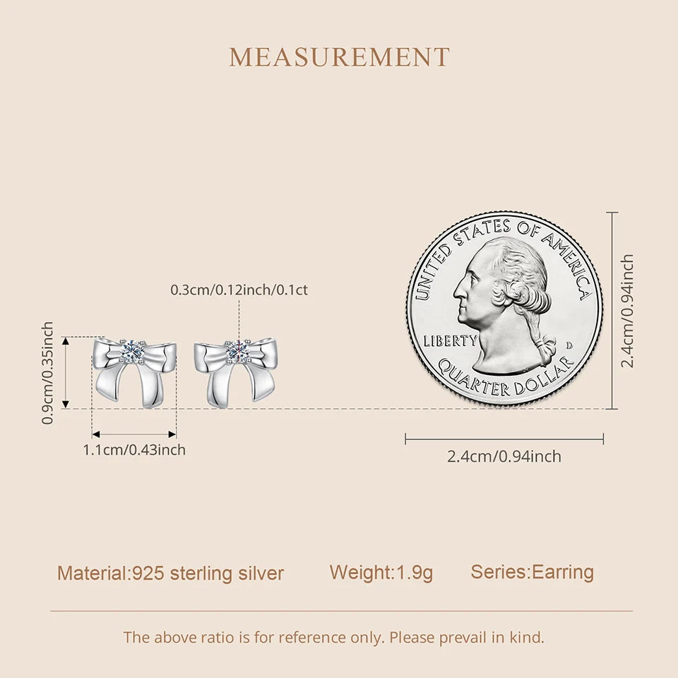 Moissanite Bow Stud Earrings & Ear Cuffs in Sterling Silver — Stud scale comparison