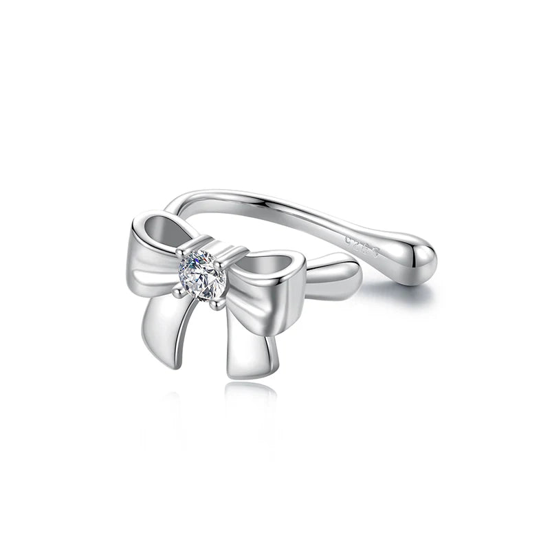 Moissanite Bow Stud Earrings & Ear Cuffs in Sterling Silver — Bow cuff option