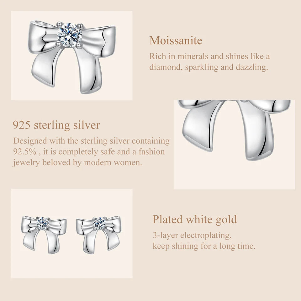 Moissanite Bow Stud Earrings & Ear Cuffs in Sterling Silver — Bow material detail