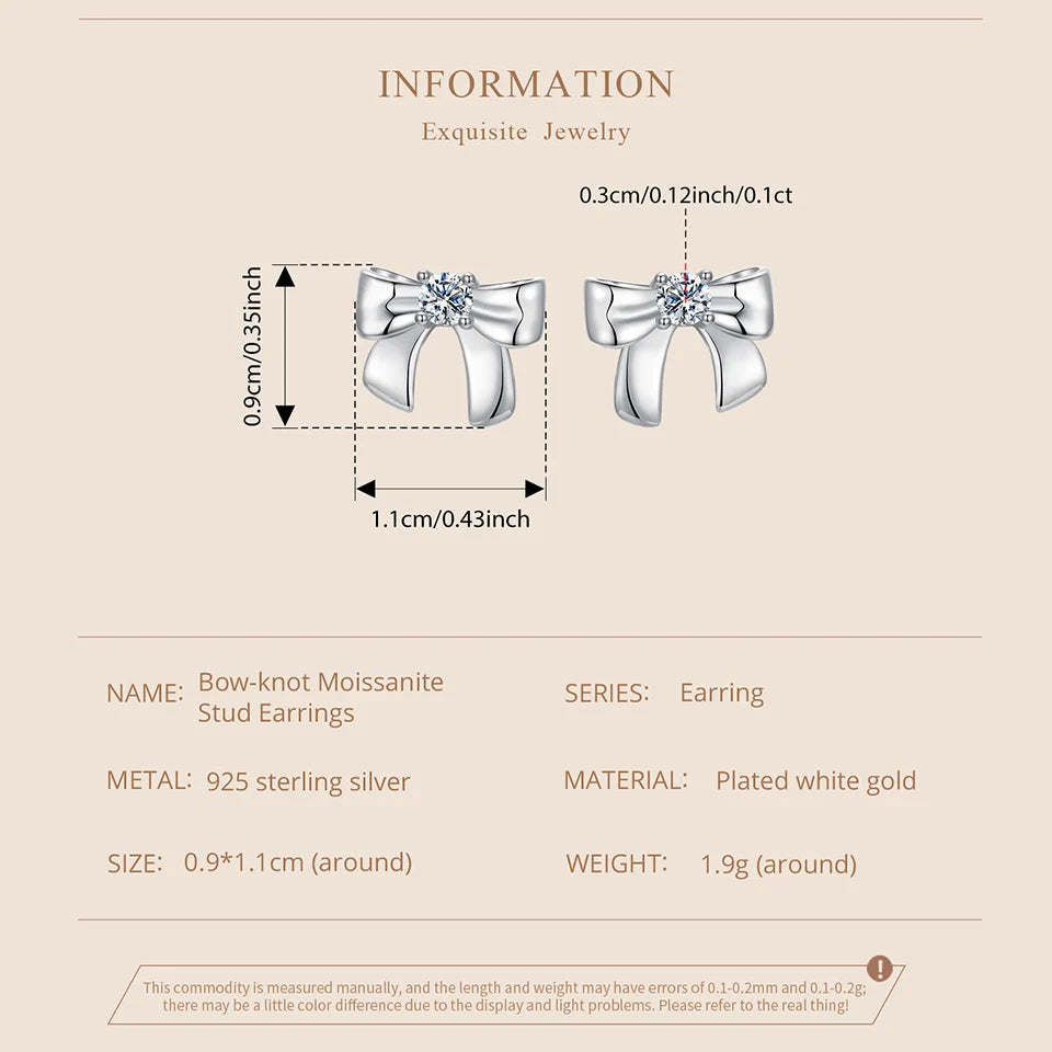 Moissanite Bow Stud Earrings & Ear Cuffs in Sterling Silver — Bow stud dimensions