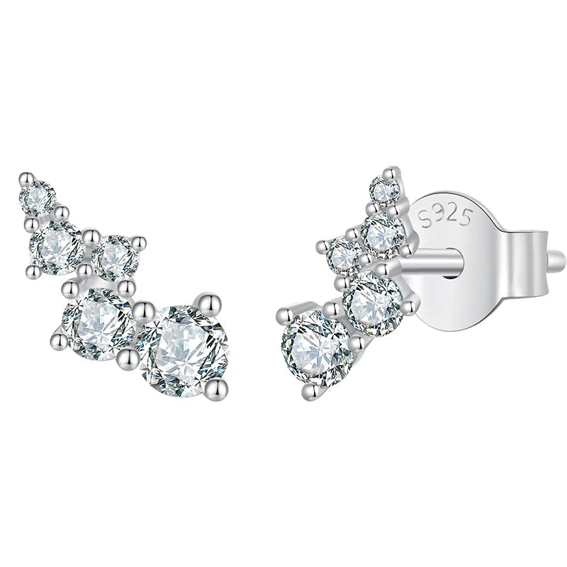 Graduated Bubble Moissanite Climber Stud Earrings in Silver — Front and rear views