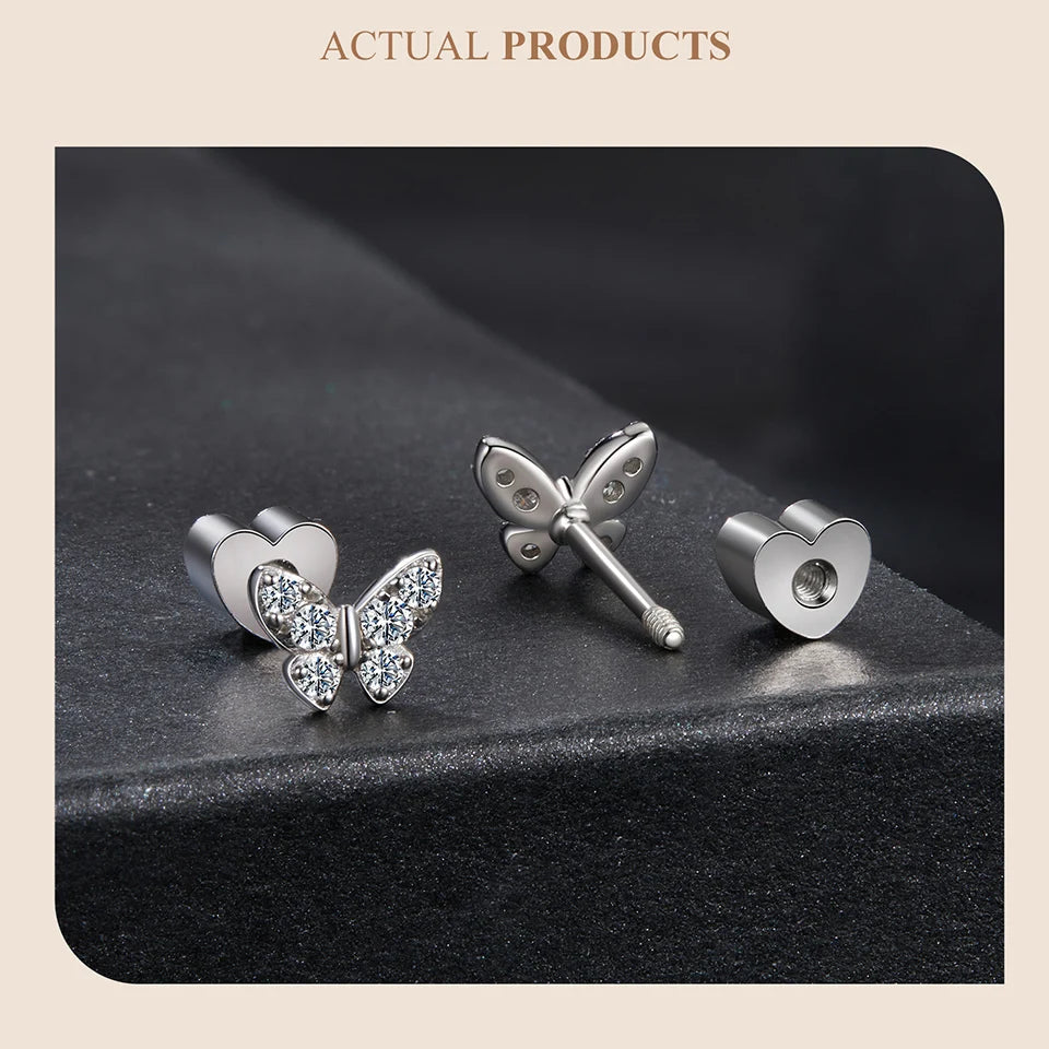Butterfly & Clover Moissanite Stud Earrings in Sterling Silver — Butterfly front and back