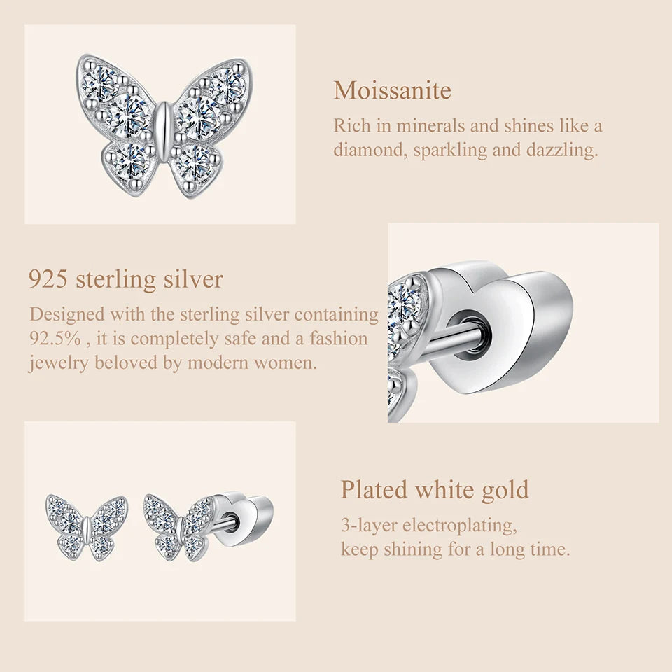 Butterfly & Clover Moissanite Stud Earrings in Sterling Silver — Butterfly material detail