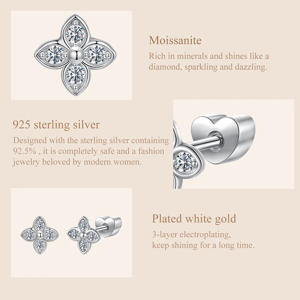 Butterfly & Clover Moissanite Stud Earrings in Sterling Silver — Clover material detail