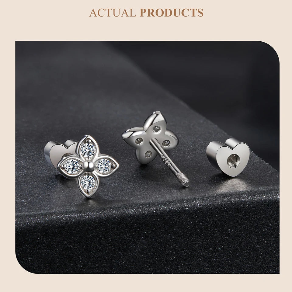 Butterfly & Clover Moissanite Stud Earrings in Sterling Silver — Clover front and back