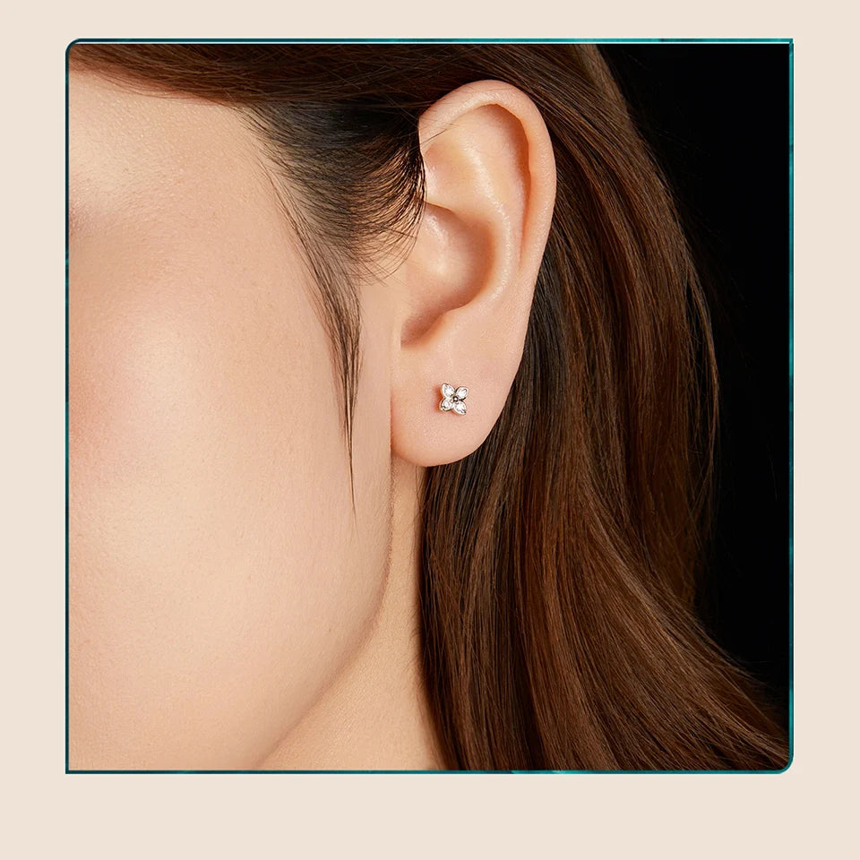 Butterfly & Clover Moissanite Stud Earrings in Sterling Silver — Clover on ear