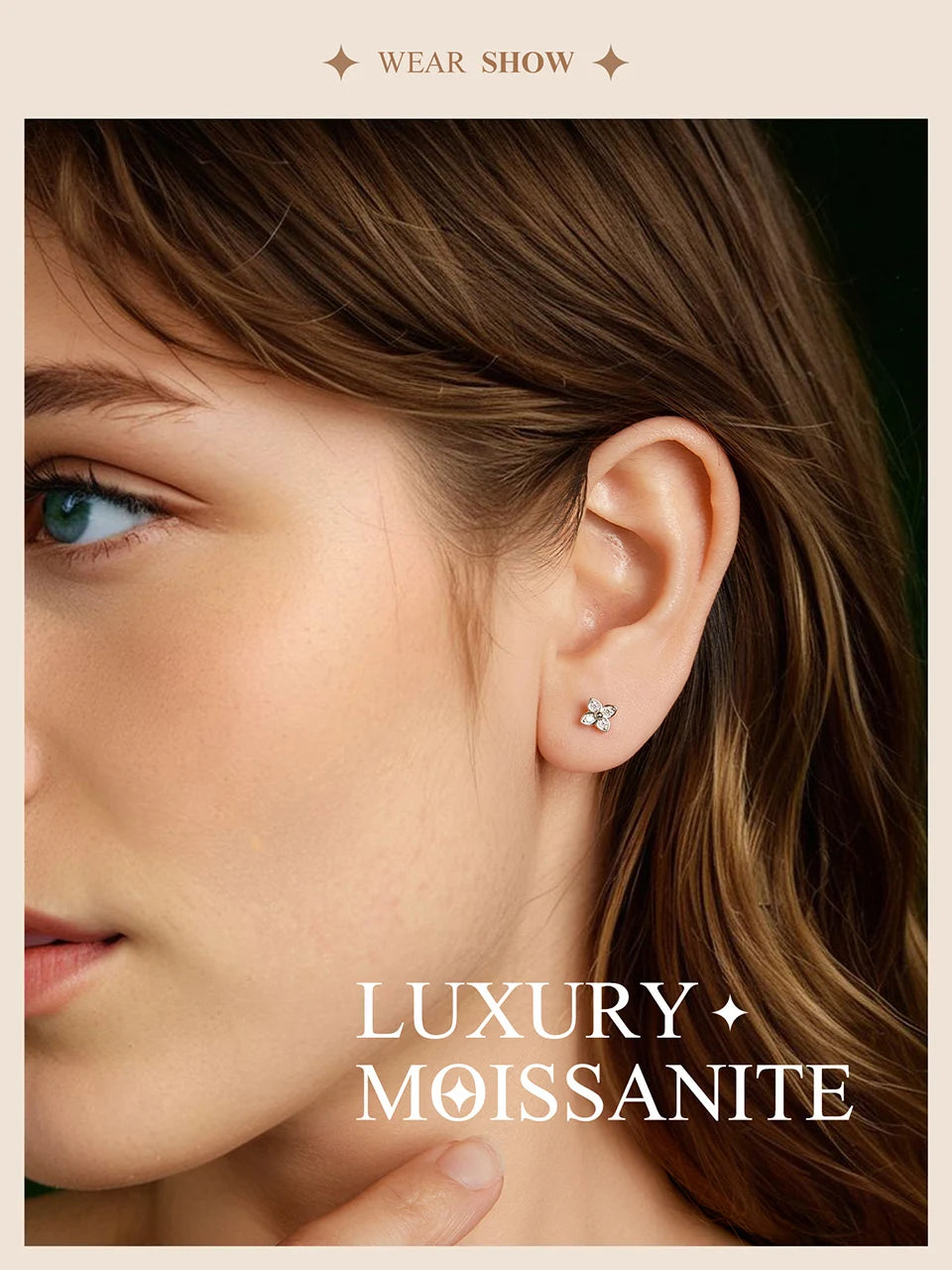 Butterfly & Clover Moissanite Stud Earrings in Sterling Silver — Clover shown worn