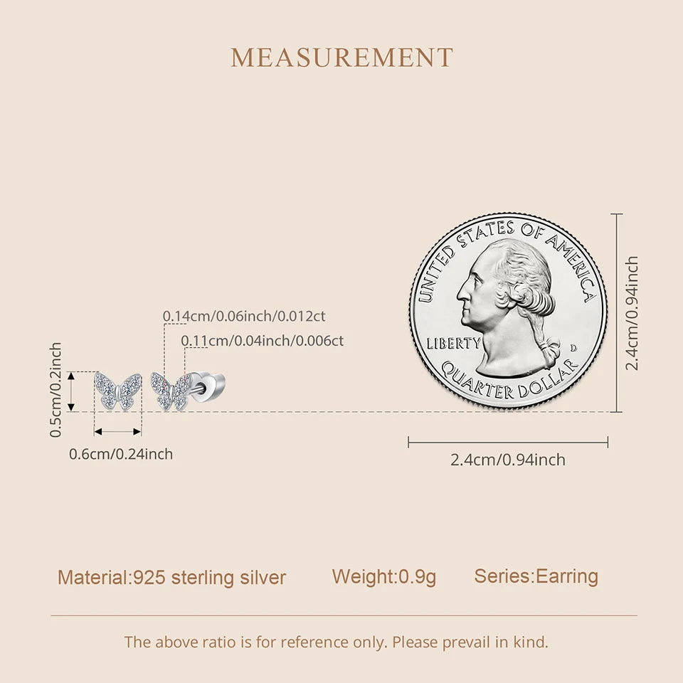 Butterfly & Clover Moissanite Stud Earrings in Sterling Silver — Butterfly scale comparison
