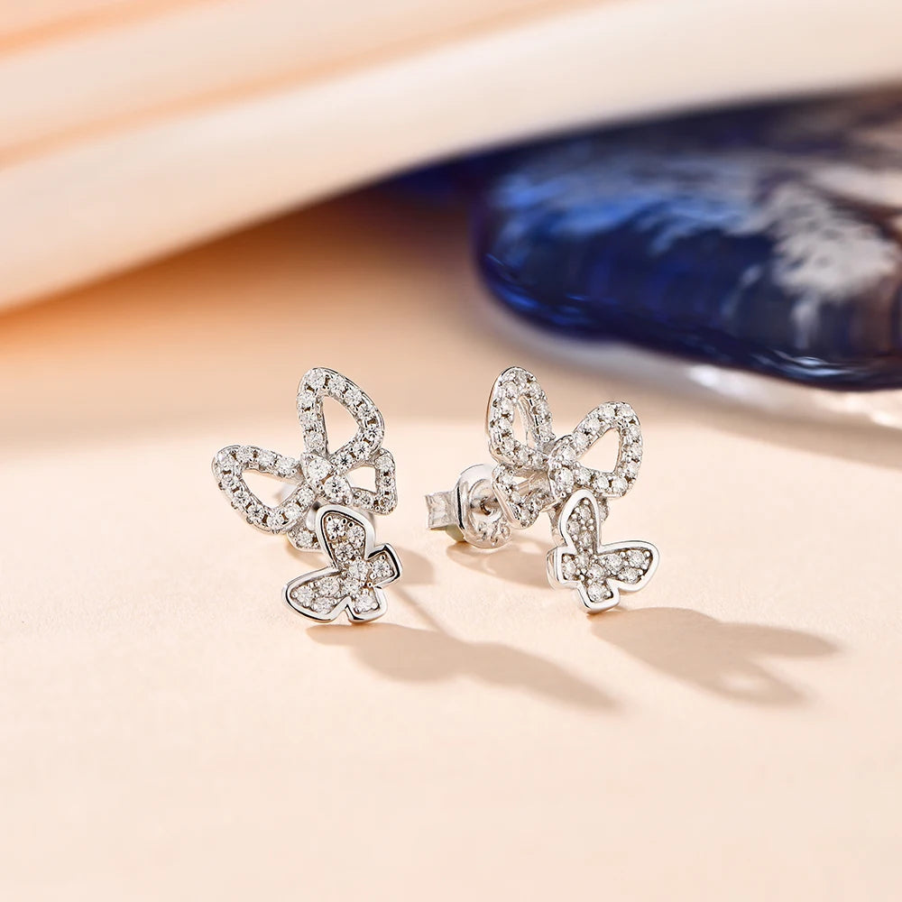 Double Butterfly Moissanite Stud Earrings in Sterling Silver - Post and butterfly backing view