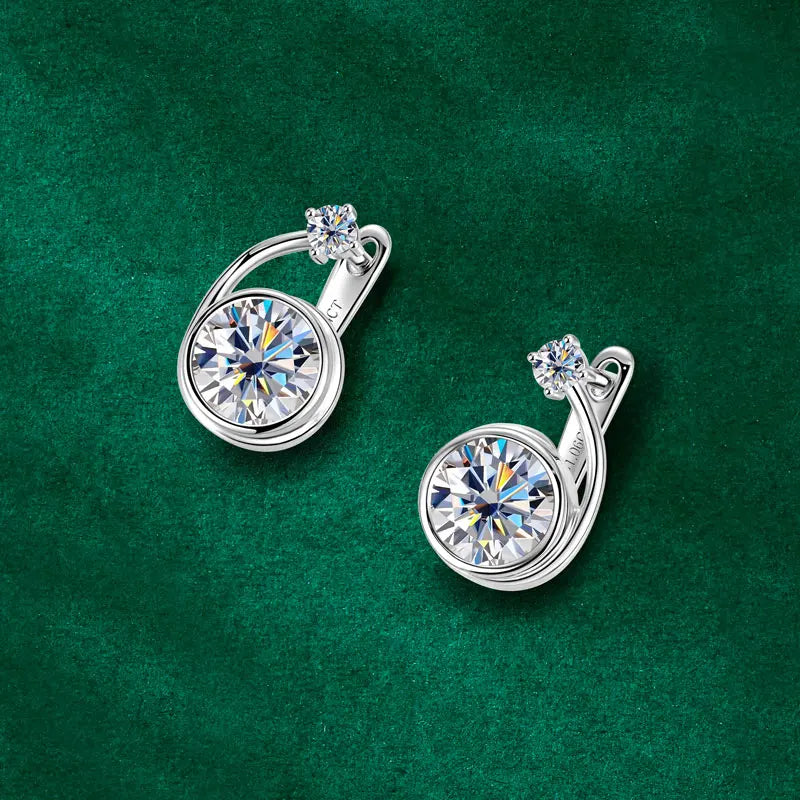 Moissanite Bezel Leverback Earrings in Sterling Silver — Silver-tone earrings front view — BandsCo Straps