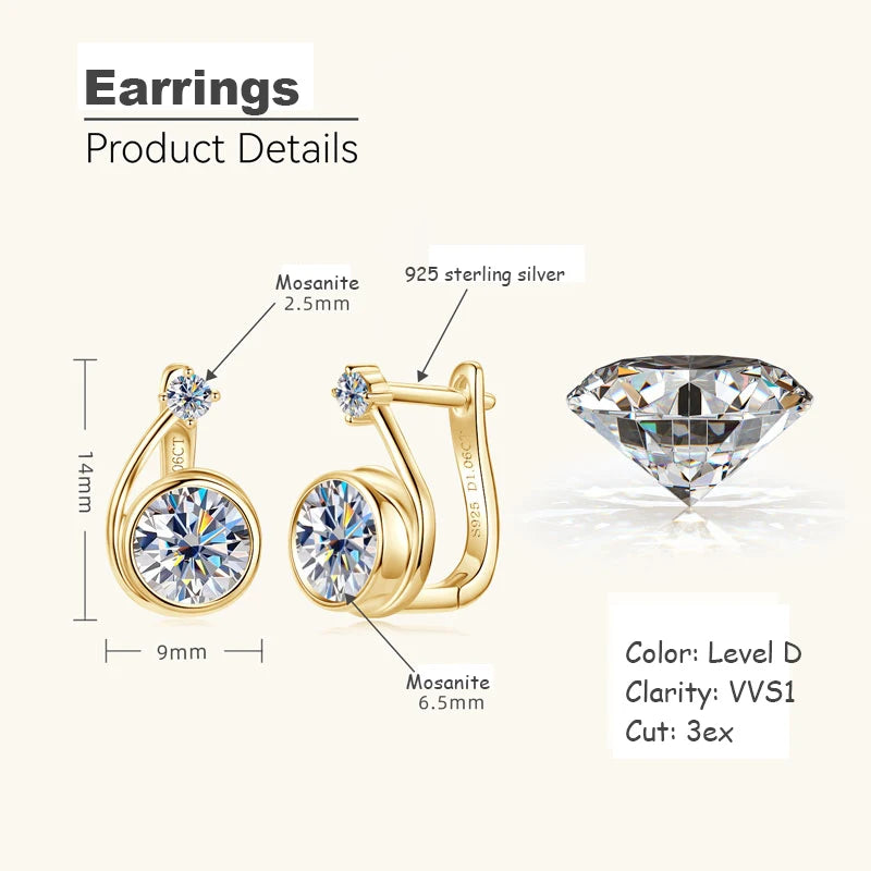 Moissanite Bezel Leverback Earrings in Sterling Silver — Yellow Gold Tone — BandsCo Straps
