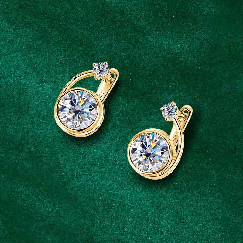 Moissanite Bezel Leverback Earrings in Sterling Silver — Gold-tone earrings front view — BandsCo Straps
