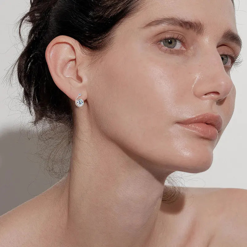 Moissanite Bezel Leverback Earrings in Sterling Silver — Earrings worn on ear — BandsCo Straps