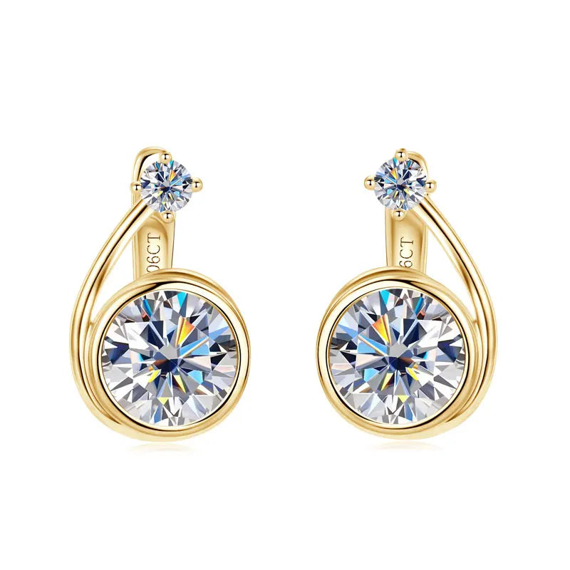 Moissanite Bezel Leverback Earrings in Sterling Silver — Gold-tone round bezel settings — BandsCo Straps
