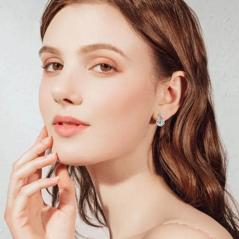 Moissanite Bezel Leverback Earrings in Sterling Silver — Bezel earrings worn on ear — BandsCo Straps