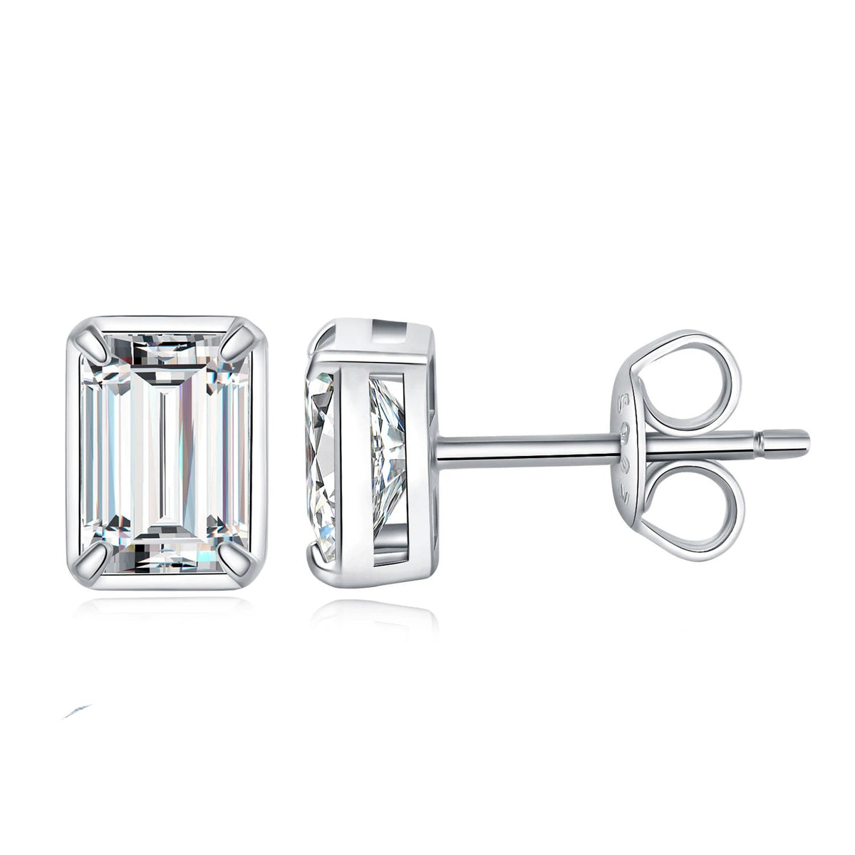 Emerald-Cut Moissanite Stud Earrings in Sterling Silver - Emerald-cut front and butterfly back