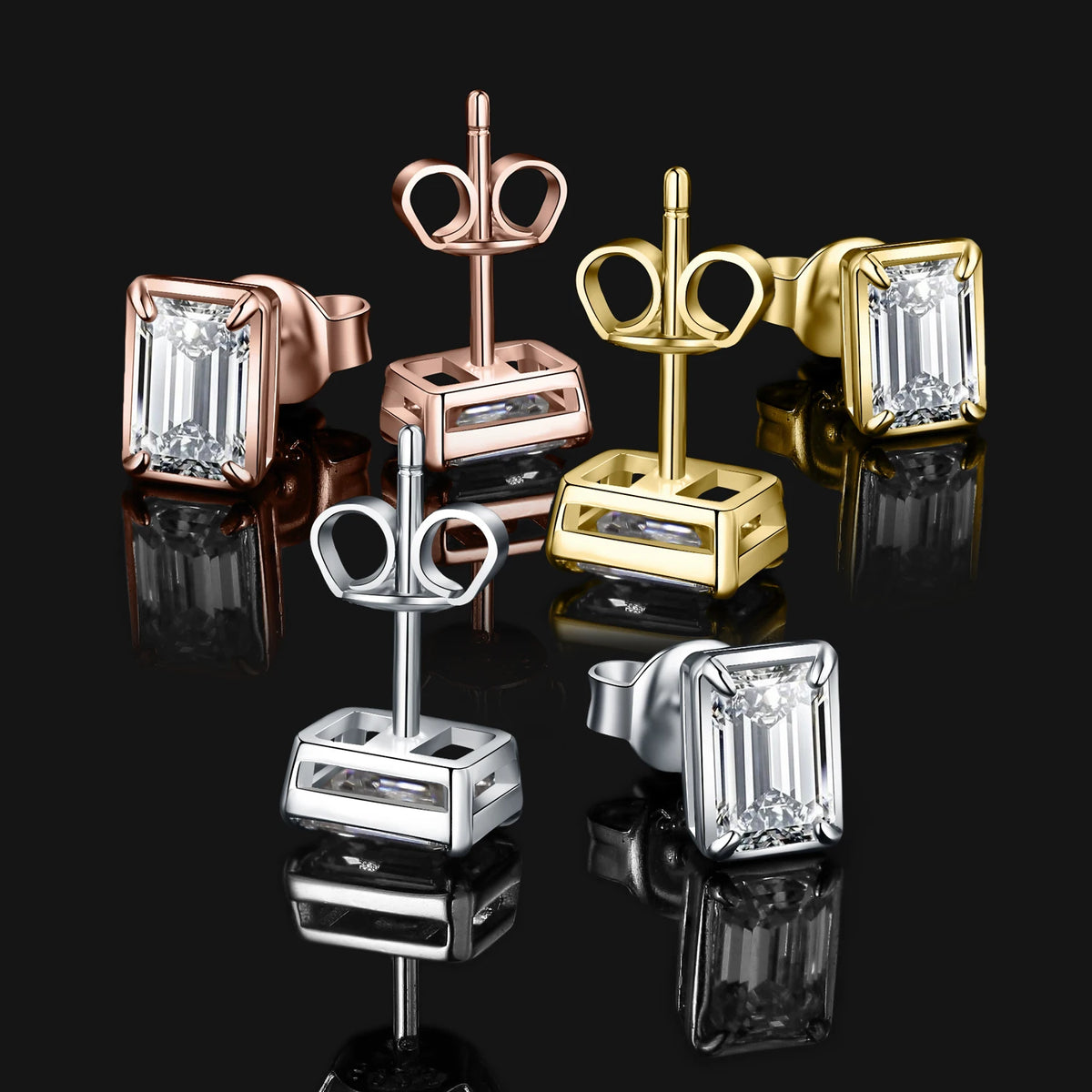 Emerald-Cut Moissanite Stud Earrings in Sterling Silver - Three finish comparison