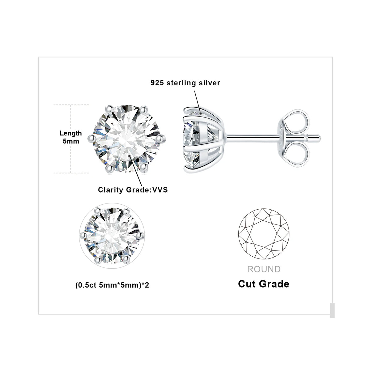 Round Moissanite Solitaire Stud Earrings in Three Metal Finishes — Silver small-stone diagram