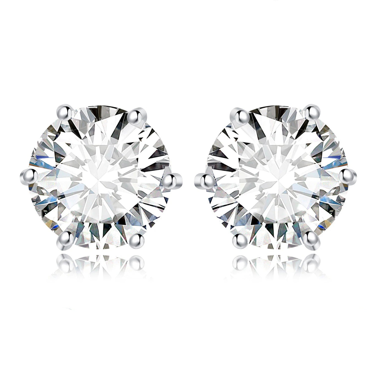 Round Moissanite Solitaire Stud Earrings in Three Metal Finishes — Six-prong fronts