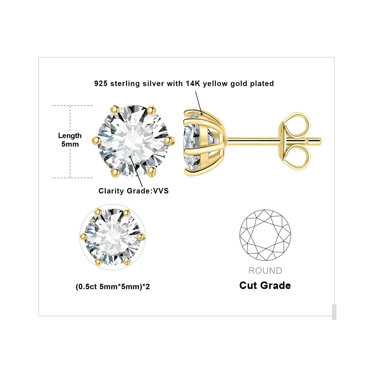 Round Moissanite Solitaire Stud Earrings in Three Metal Finishes — Gold-tone small-stone diagram