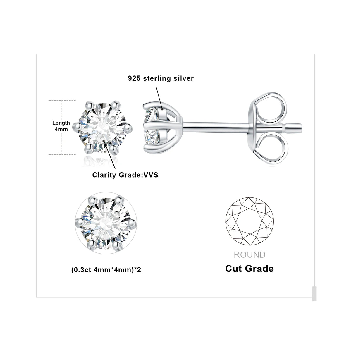 Round Moissanite Solitaire Stud Earrings in Three Metal Finishes — Silver smallest-stone diagram