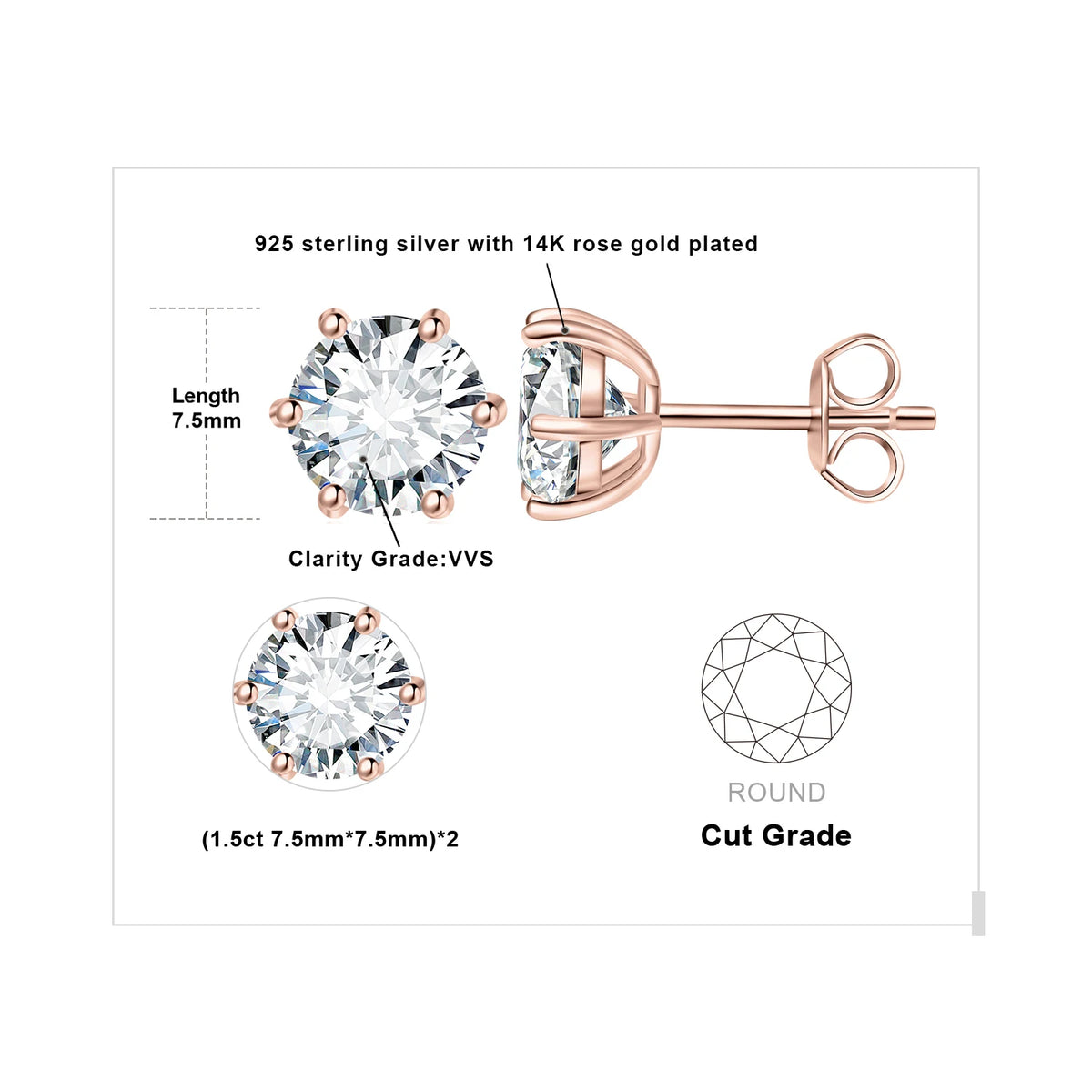 Round Moissanite Solitaire Stud Earrings in Three Metal Finishes — Rose gold-tone medium-stone diagram