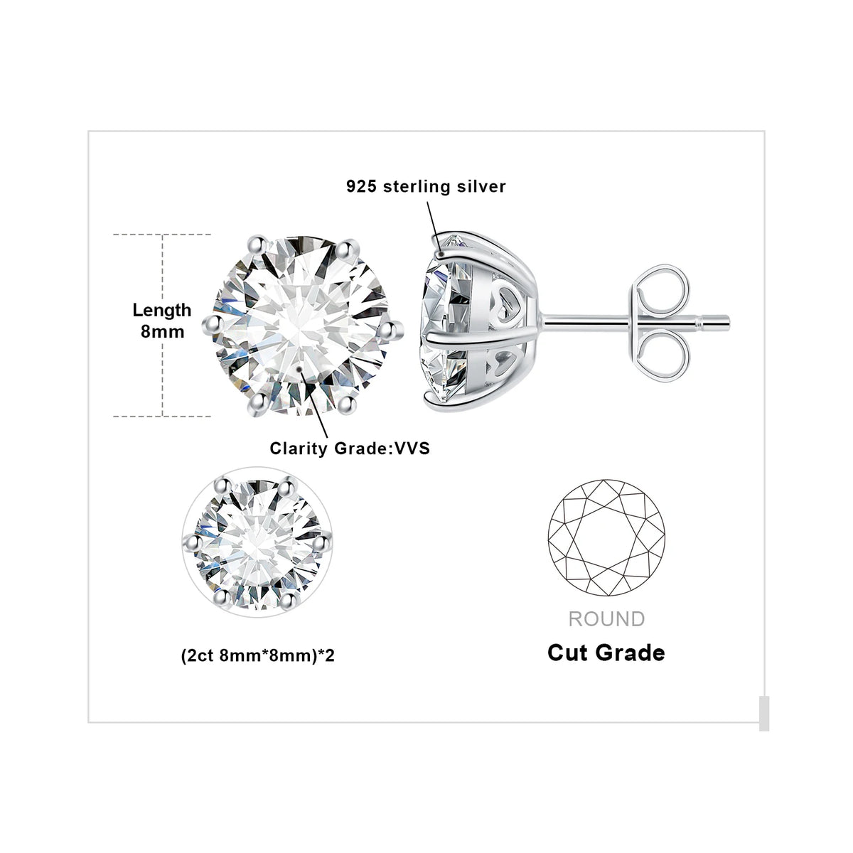 Round Moissanite Solitaire Stud Earrings in Three Metal Finishes — Silver larger-stone diagram