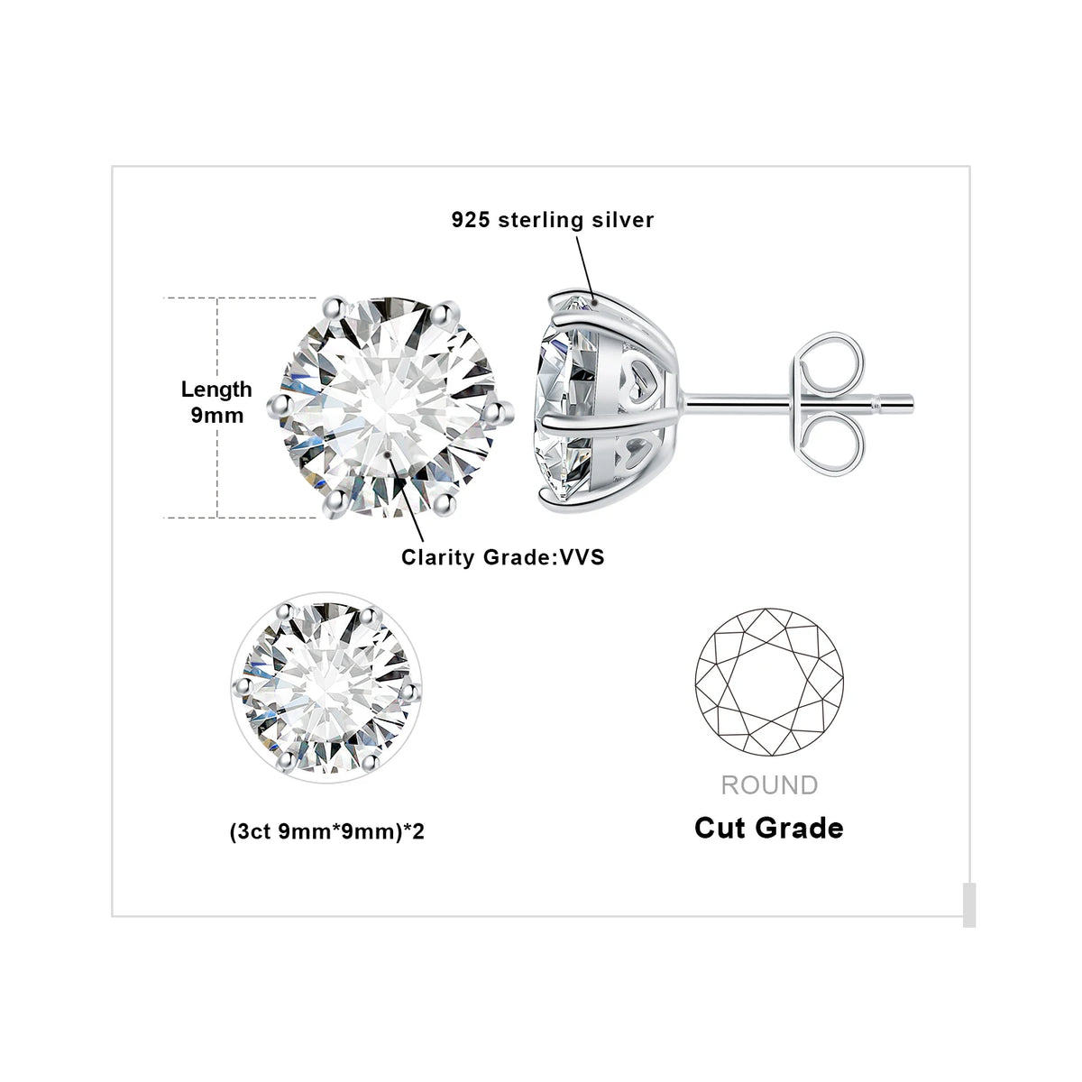 Round Moissanite Solitaire Stud Earrings in Three Metal Finishes — Silver largest-stone diagram