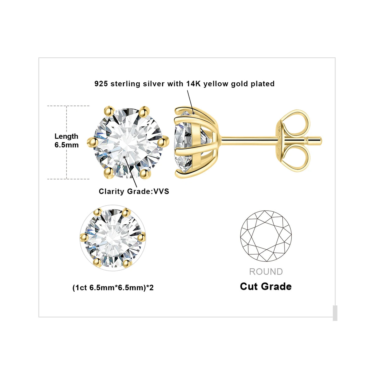 Round Moissanite Solitaire Stud Earrings in Three Metal Finishes — Gold-tone center-stone diagram