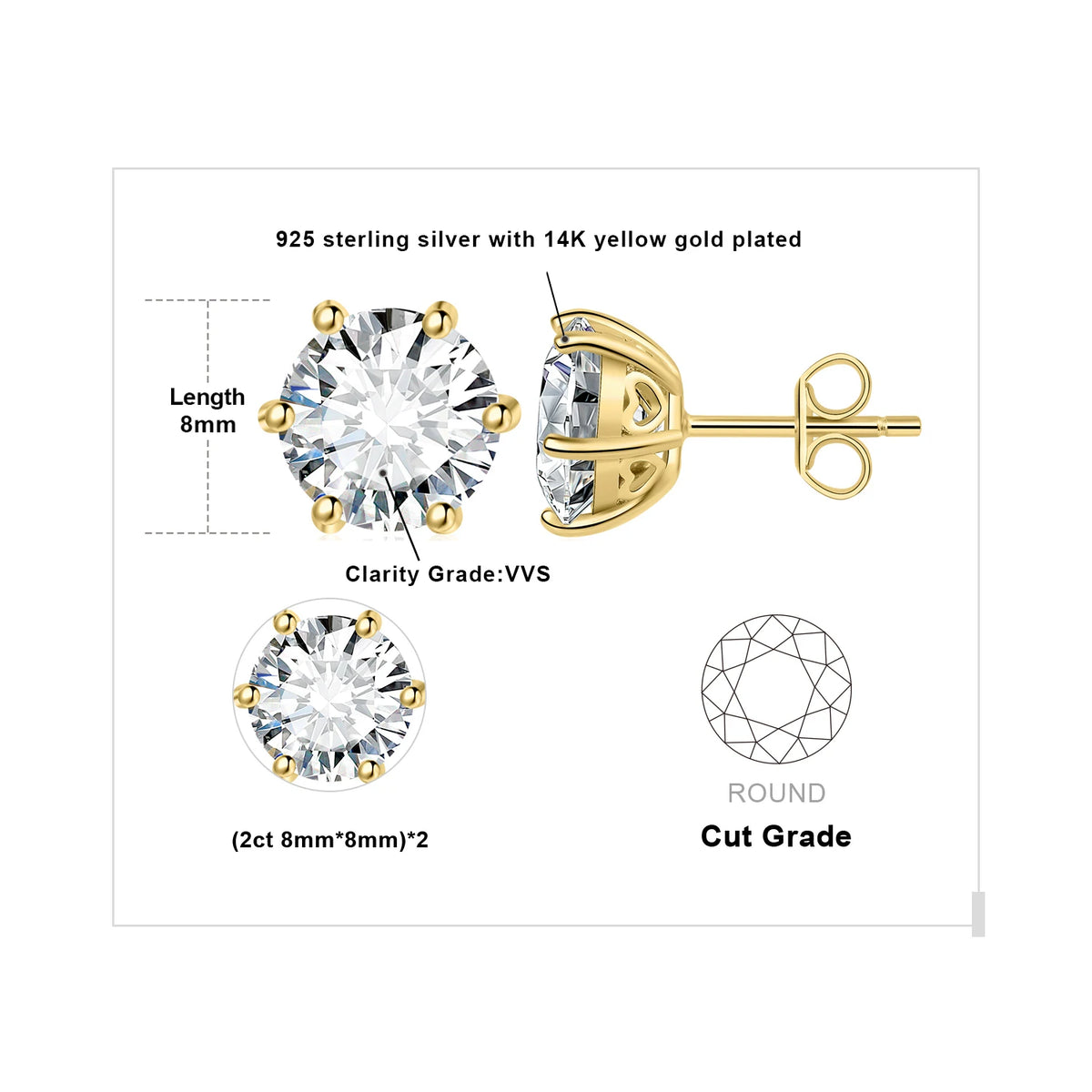 Round Moissanite Solitaire Stud Earrings in Three Metal Finishes — Gold-tone larger-stone diagram