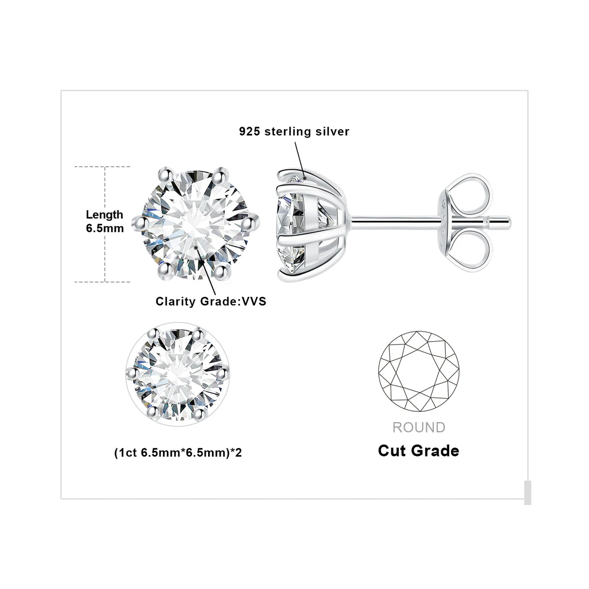 Round Moissanite Solitaire Stud Earrings in Three Metal Finishes — Silver center-stone diagram
