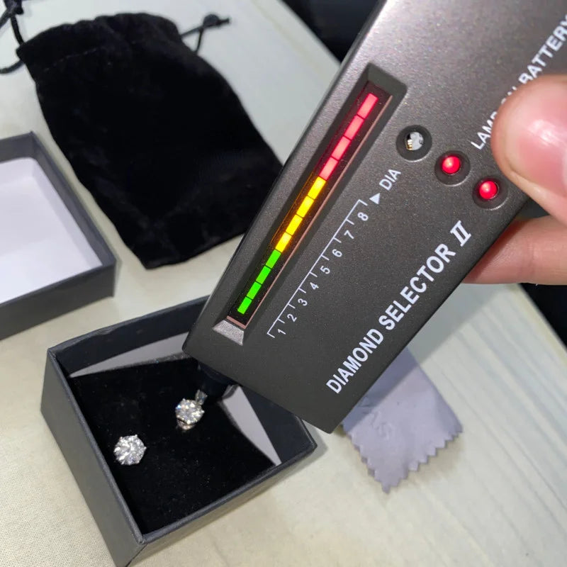 Colored Round Moissanite Stud Earrings in Sterling Silver - stone tester demonstration
