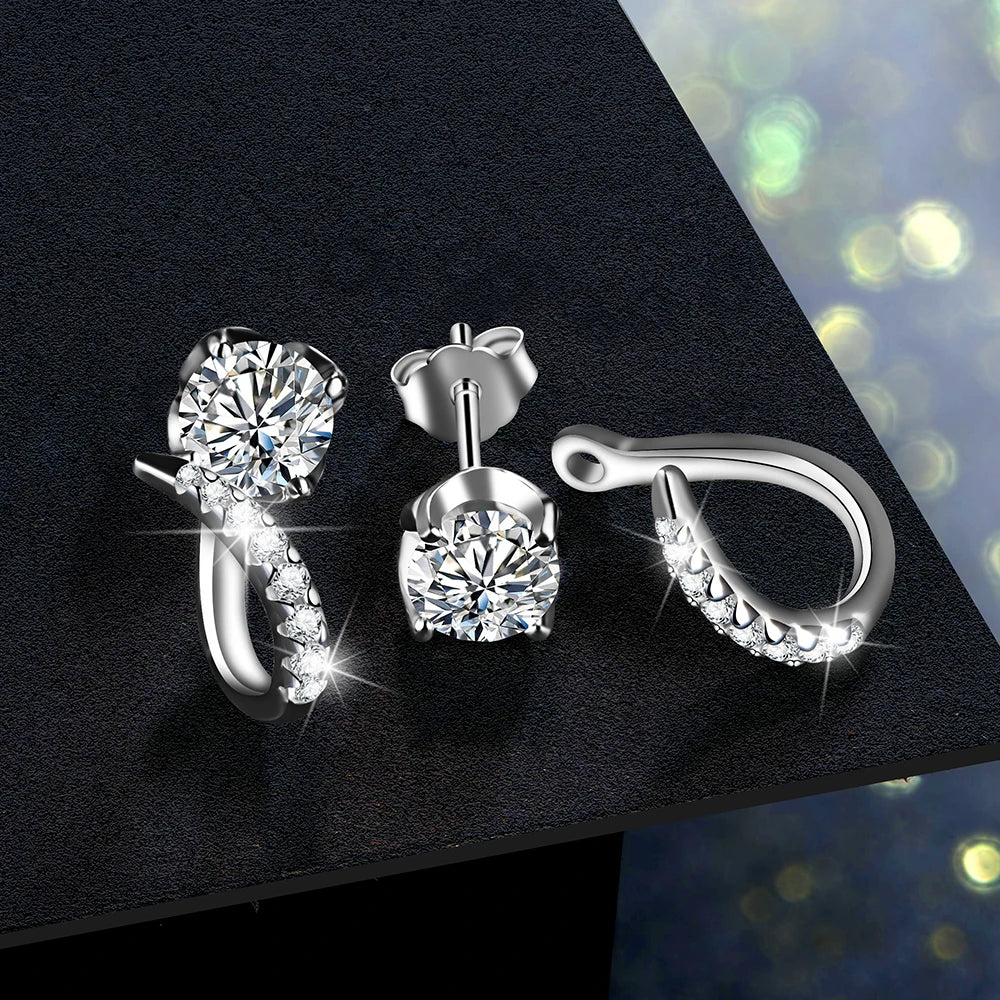Moissanite V-Shaped Ear Jacket Studs in Sterling Silver — Studs and jacket back view — BandsCo Straps