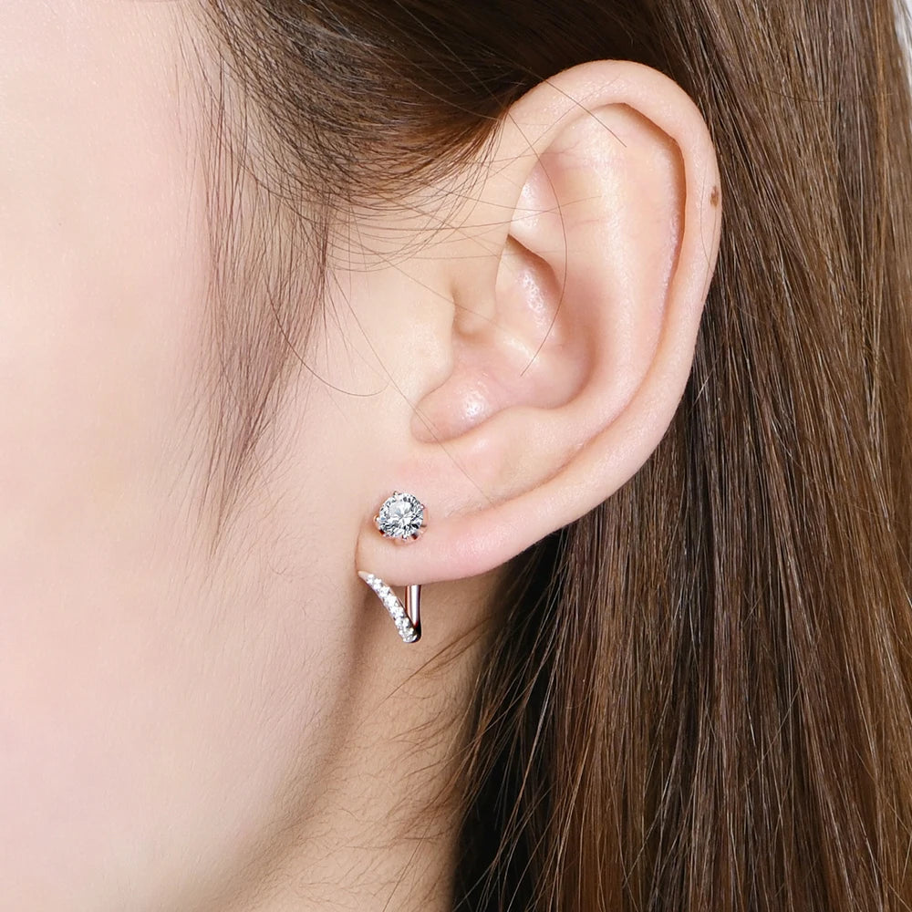 Moissanite V-Shaped Ear Jacket Studs in Sterling Silver — V ear jacket worn on ear — BandsCo Straps