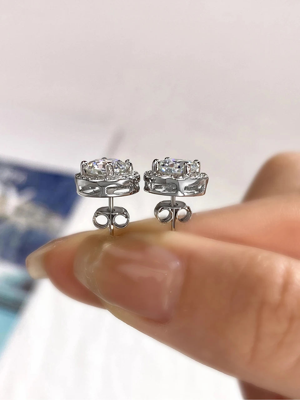 Round Halo Moissanite Stud Earrings in 925 Sterling Silver — Back detail