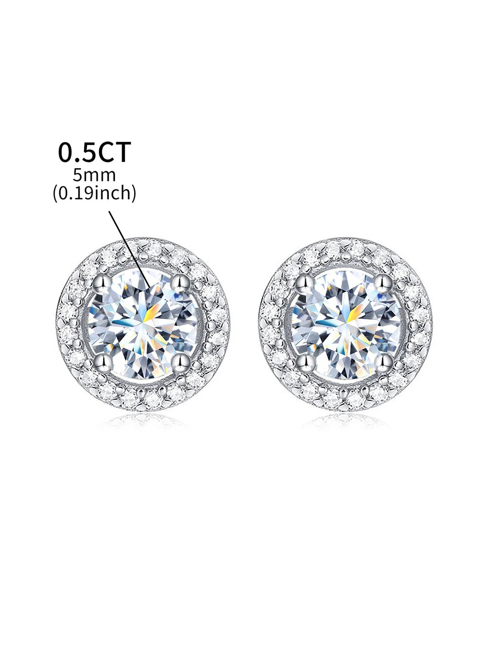 Round Halo Moissanite Stud Earrings in 925 Sterling Silver — Smaller center-stone size guide