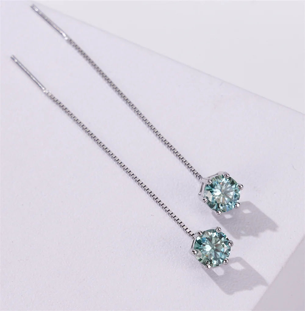 Colored Moissanite Chain Threader Earrings in Sterling Silver - Pale blue stones