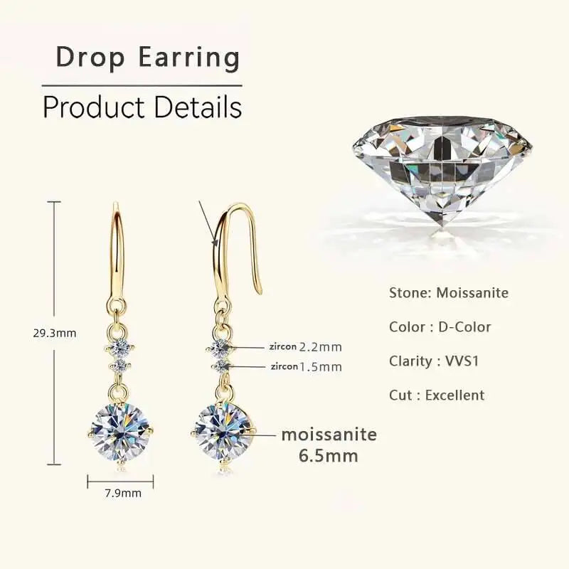 Colorful Moissanite Hook Drop Earrings in Sterling Silver — 29.3mm drop and 6.5mm center dimensions