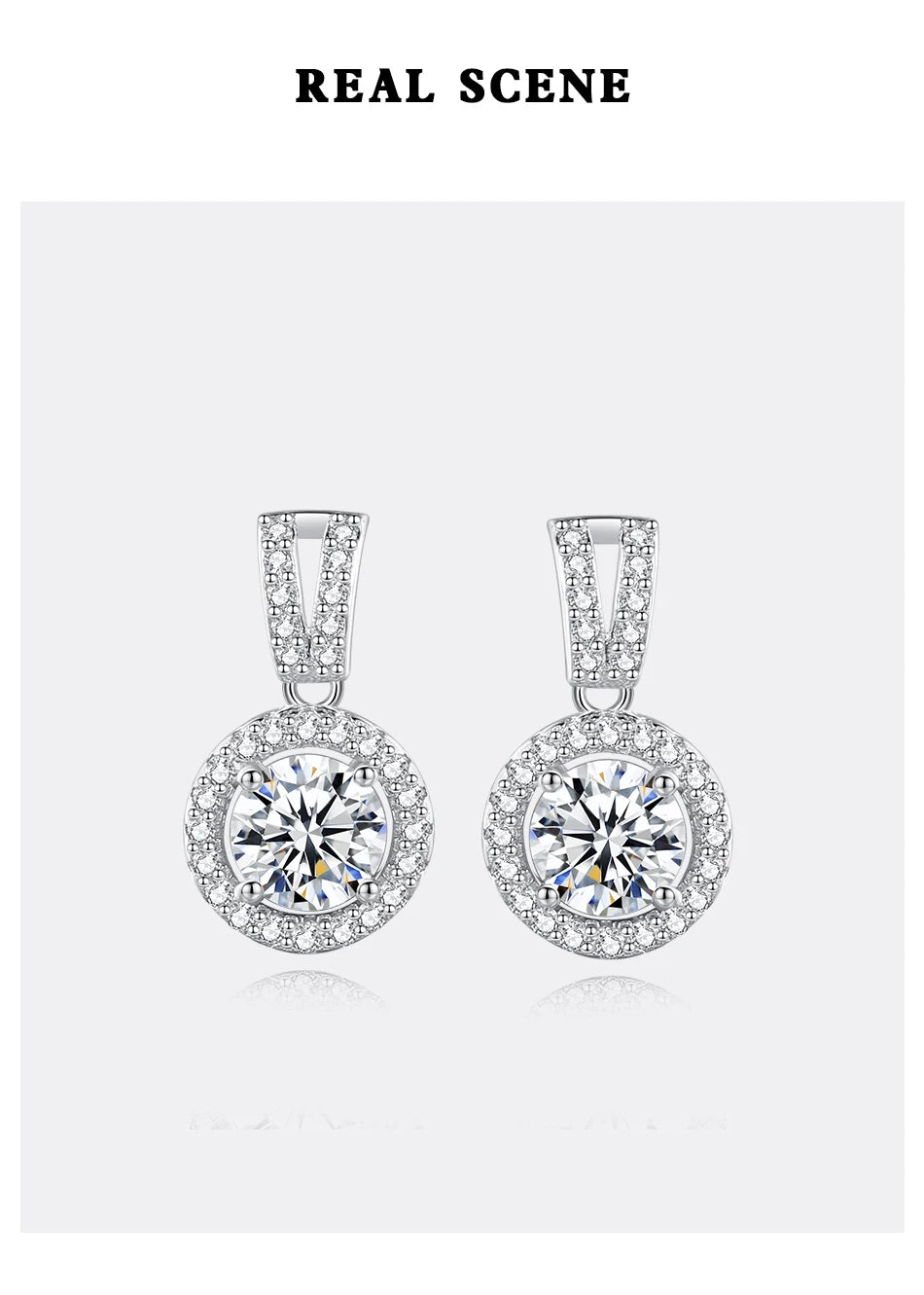 Moissanite Round Halo Drop Earrings in Sterling Silver — Round halo drops front view — BandsCo Straps